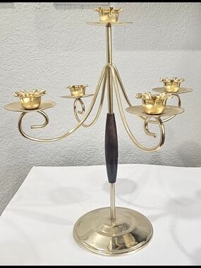 Vintage Mid-Century Modern Brass And Wood 5 Arm Candelabra Candle Holder 12.5"